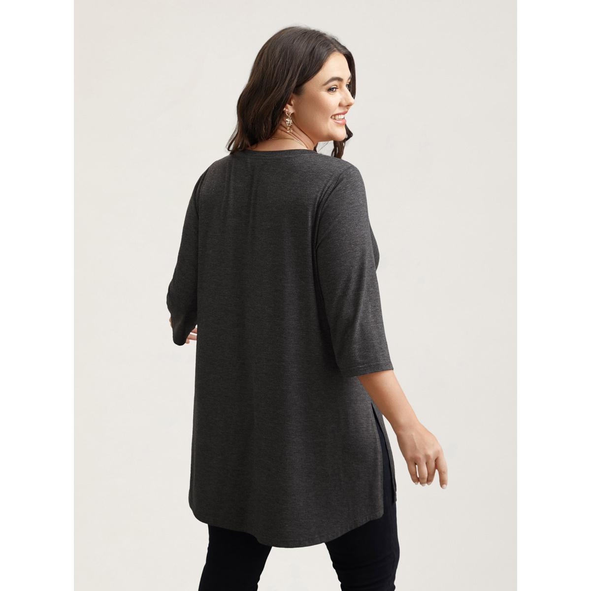 Plus Size Solid Slit Round Neck Tunic T-Shirt DimGray Women Leisure Slit Round Neck Loose Casual T-shirts BloomChic 22-24/3X Product Image
