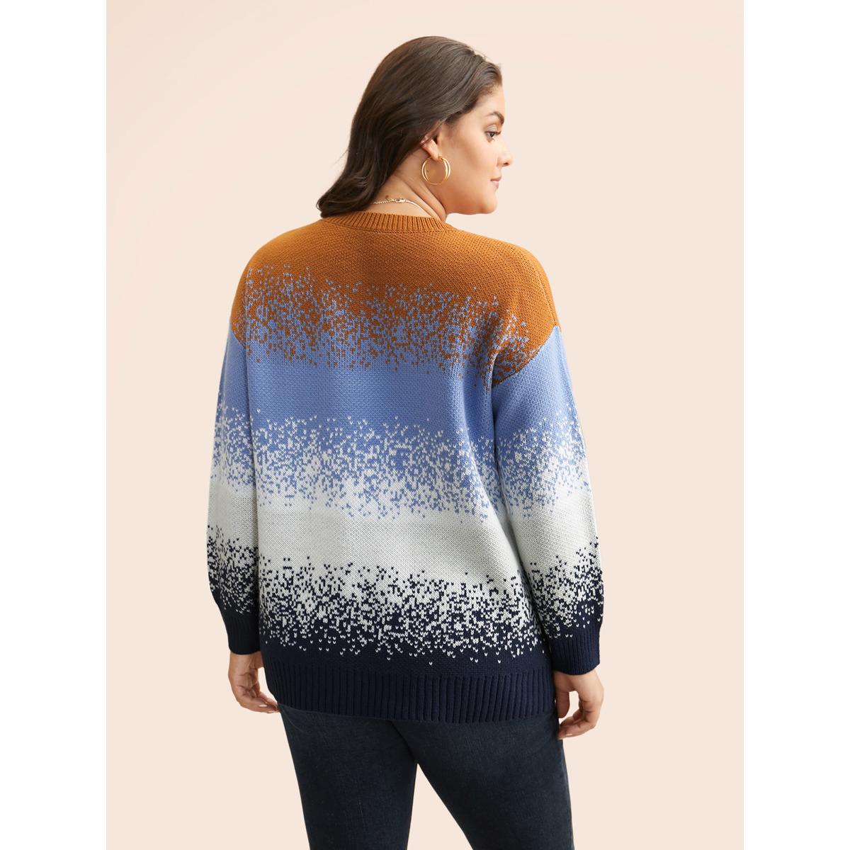 Plus Size Gradient Dyeing Contrast Drop Shoulder Pullover Indigo Women Casual Loose Long Sleeve Round Neck Everyday Pullovers BloomChic 26/4X Product Image