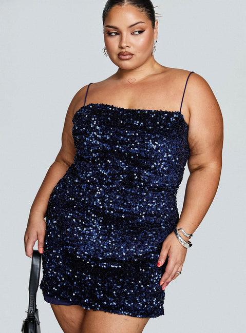 Layney Sequin Mini Dress Navy Curve Product Image