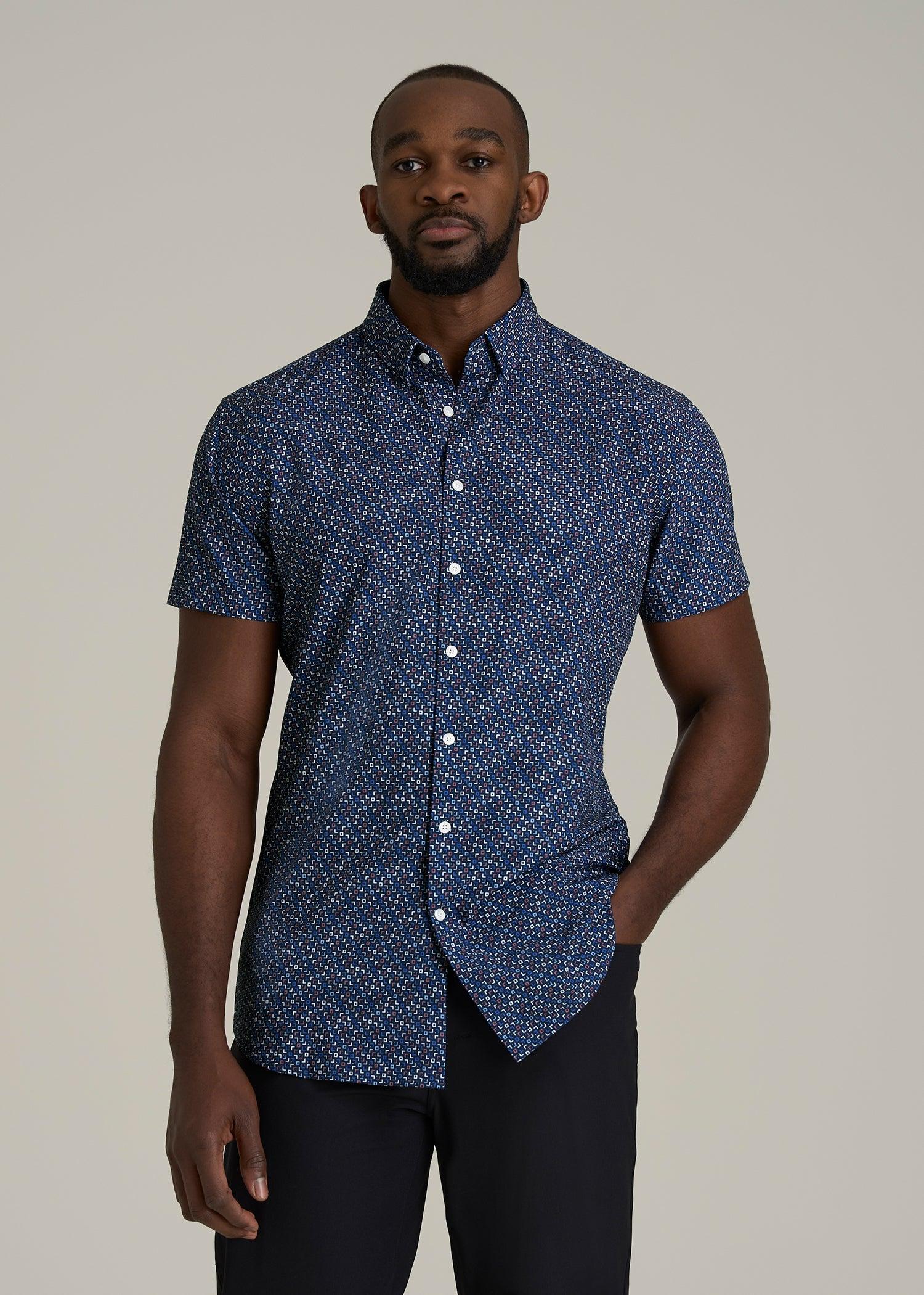 Short Sleeve Traveler Stretch Button Shirt for Tall Men in Blue Fleck Male Product Image