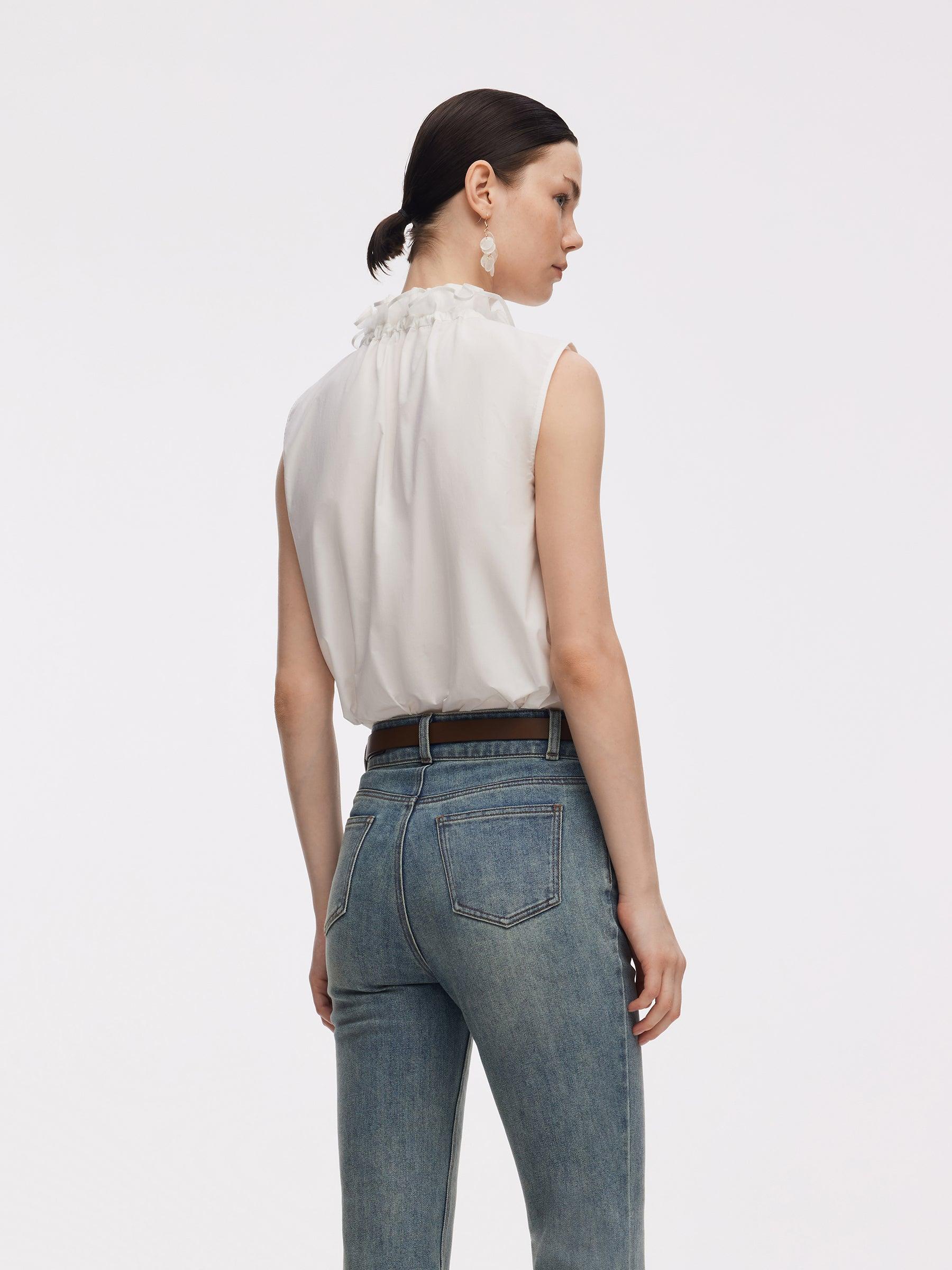 100% Cotton Ruffled Collar Women Sleeveless Blouse Product Image