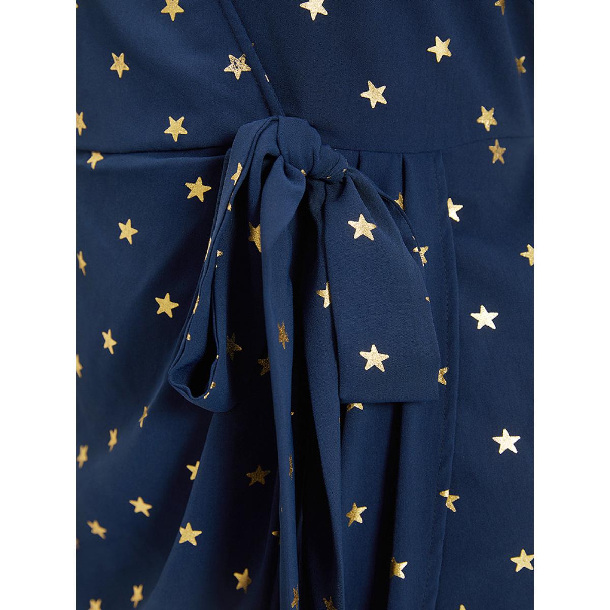 Plus Size Star Wrap Ties Pocket Ruffle Sleeve Dress Indigo Women Party Wrap Overlap Collar Sleeveless Curvy Midi Dress BloomChic 28/5X Product Image
