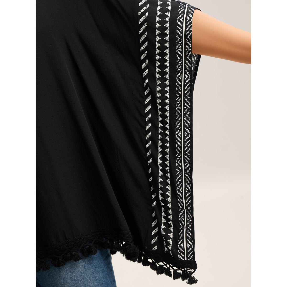 Plus Size Black Rayon Tassels Boho Print Relaxed Blouse Women Boho Elbow-length sleeve Boat Neck Vacation Blouses BloomChic 26/4X Product Image