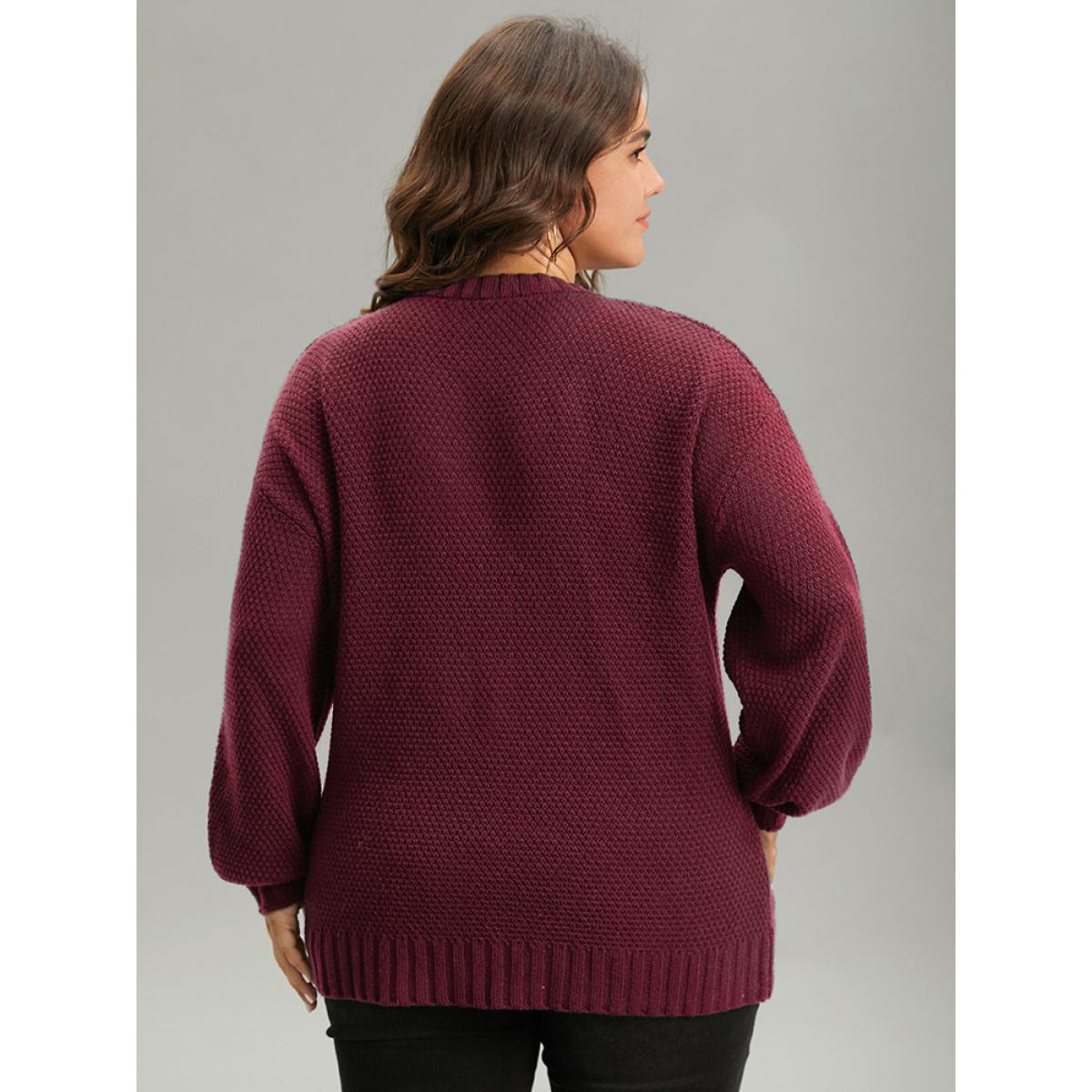 Plus Size Solid Cable Knit V Neck Elastic Cuffs Pullover Burgundy Women Casual Loose Long Sleeve V-neck Everyday Pullovers BloomChic 12/L Product Image