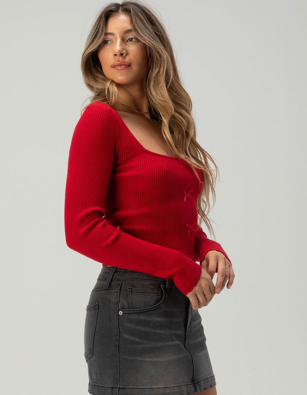 RSQ Womens Long Sleeve Square Neck Rib Bow Top - RED Product Image