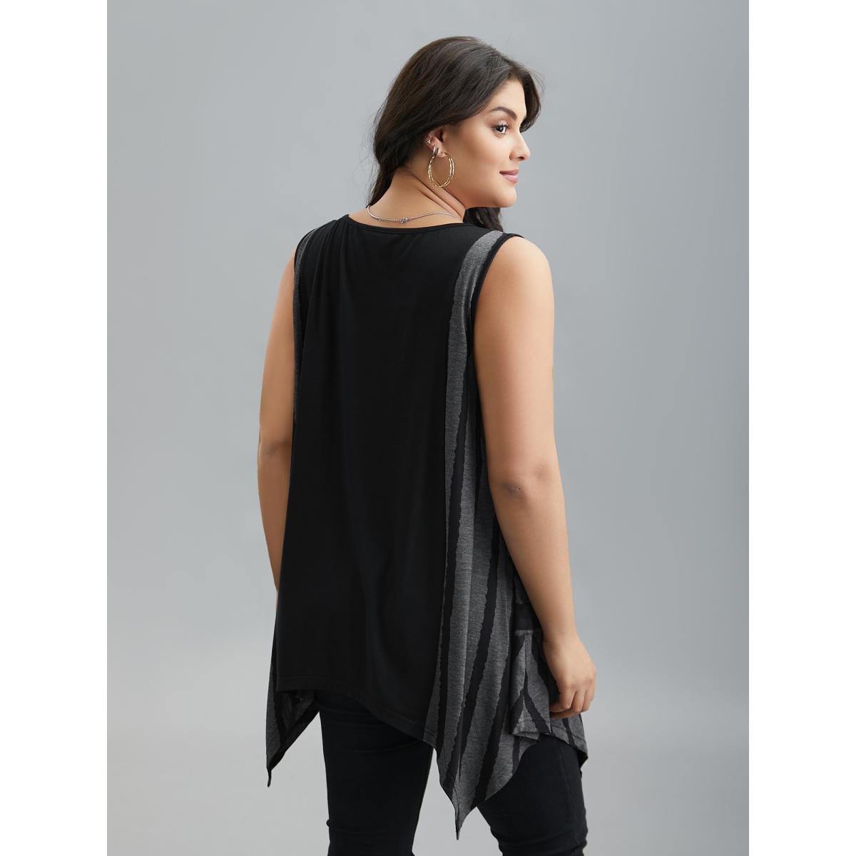 Plus Size Striped Spliced Pockets Hi-Low Hem Vest Women Black Casual Contrast Round Neck Everyday Tank Tops Camis BloomChic 30/6X Product Image