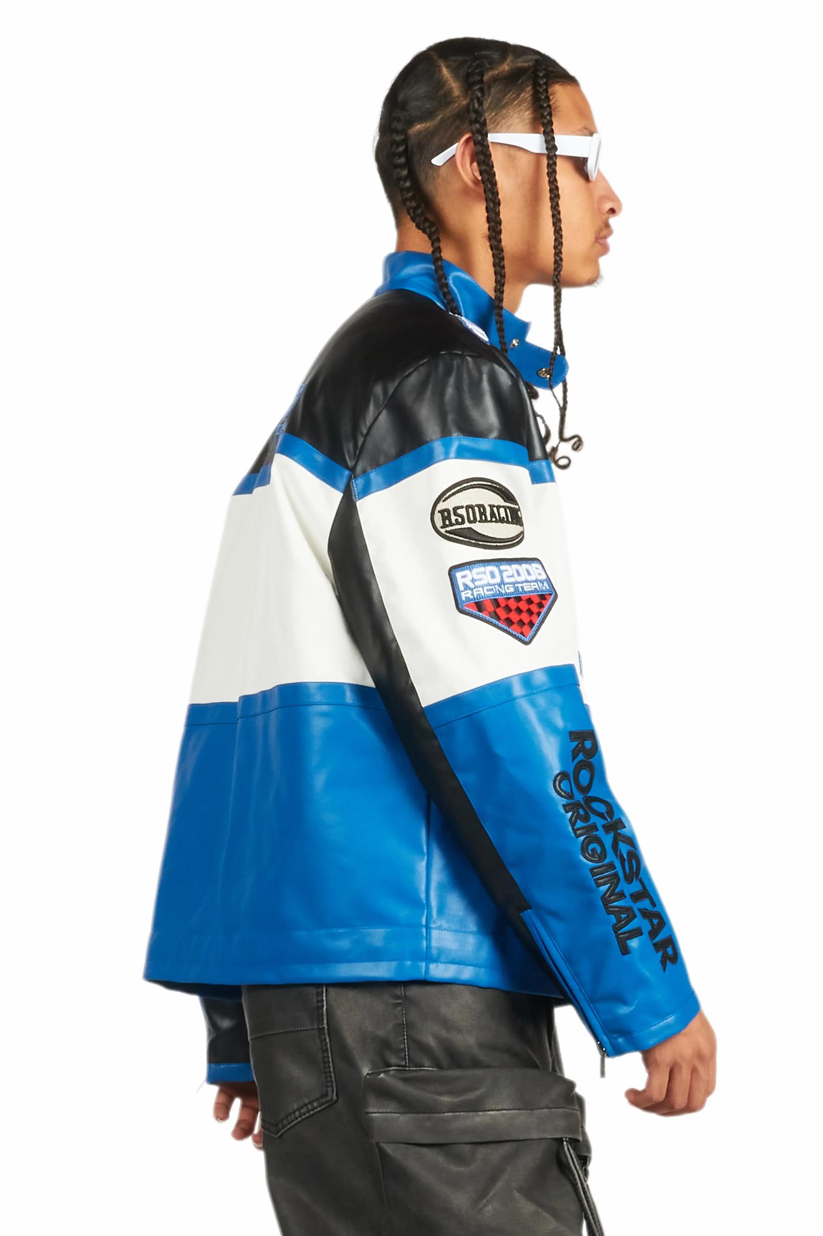 Balint Black/Blue Leather Moto Jacket Male Product Image