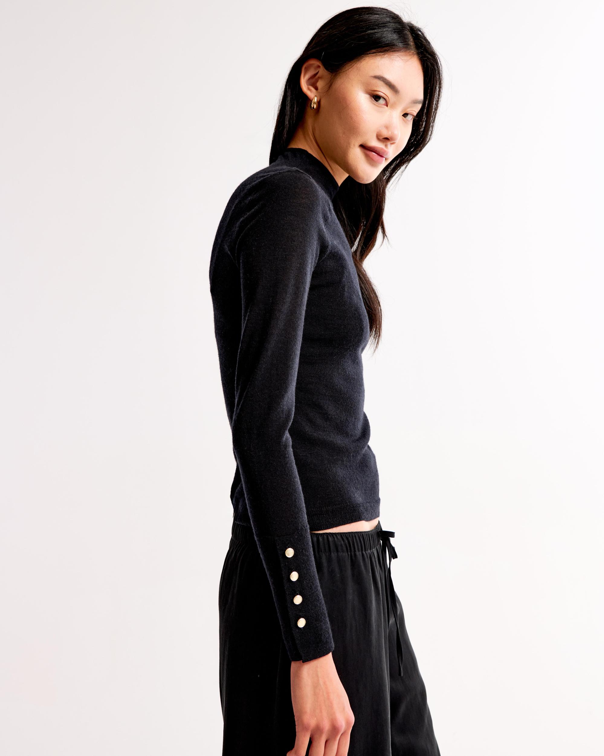 Merino Wool Button Sleeve Mockneck Top Product Image