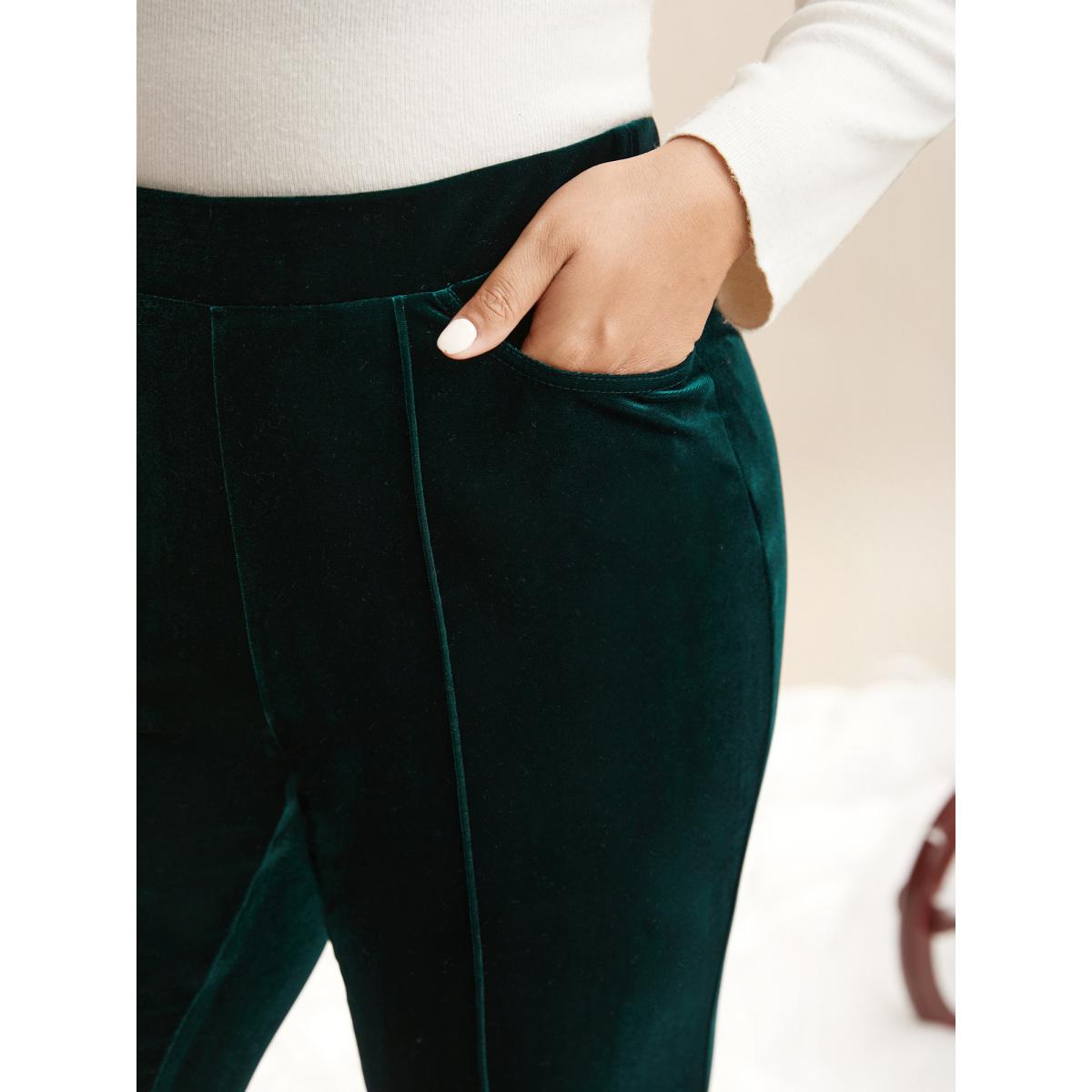 Plus Size Velvet Mid Rise Flared Pants Women DarkGreen Elegant Bootcut Mid Rise Everyday Pants BloomChic 22-24/3X Product Image