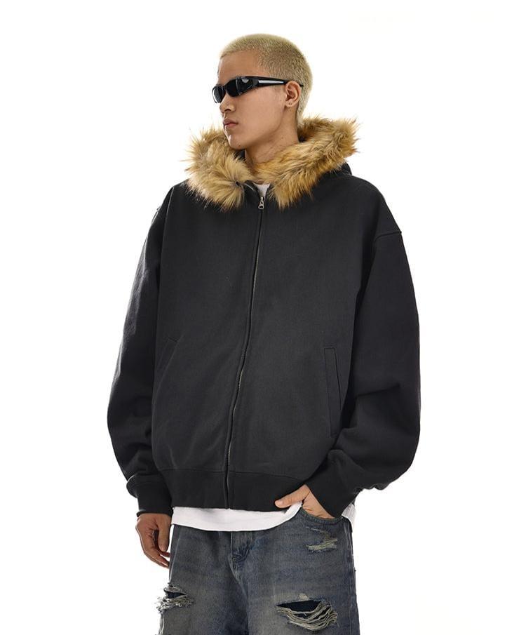 RT No. 12054 CARBON BLACK FUR ZIP-UP HOODIE Product Image