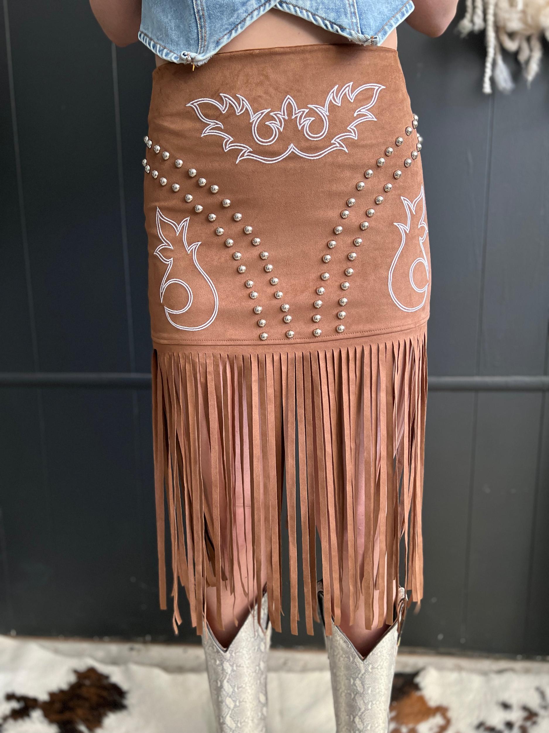 L&B Brown Western Boot Stitch Embroidered Studded Suede Fringe Skirt Product Image
