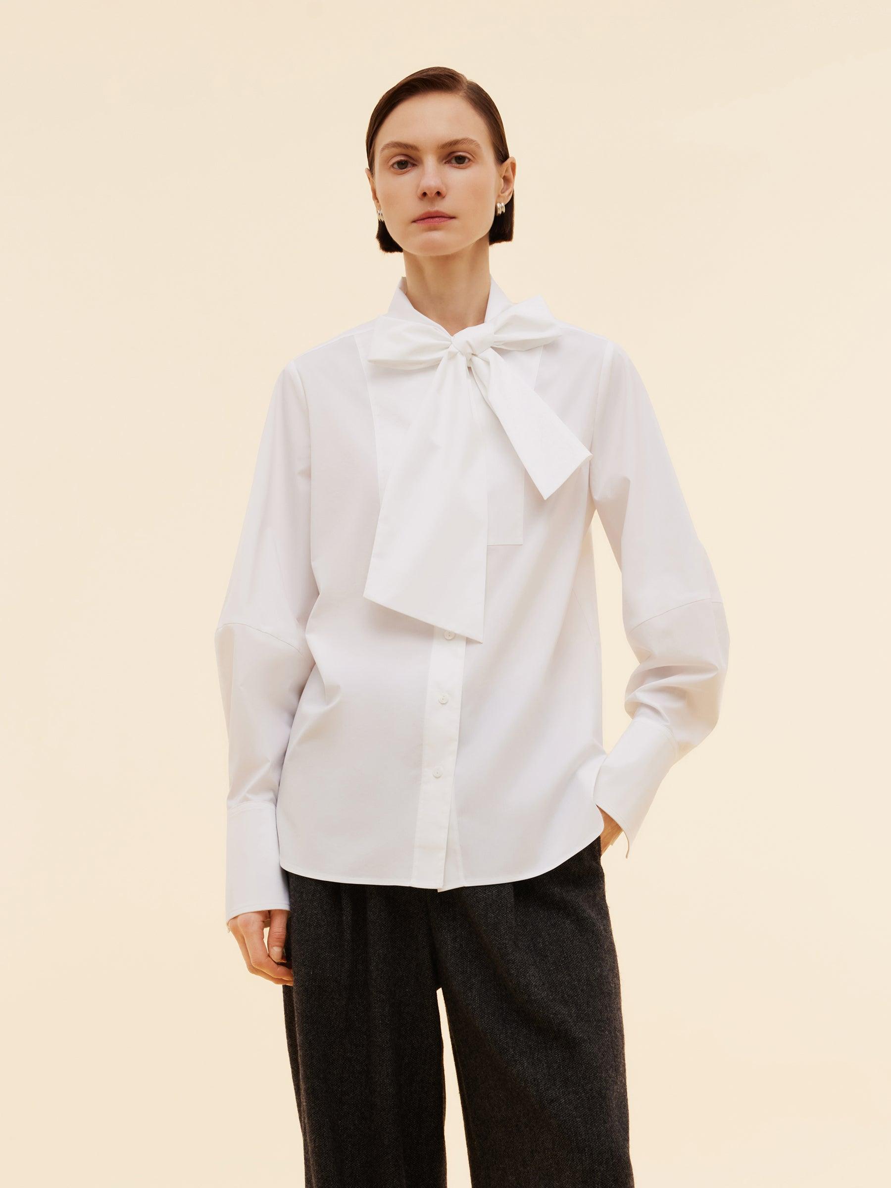 Bow Tie Front Balloon Sleeve Women Loose Shirt Product Image