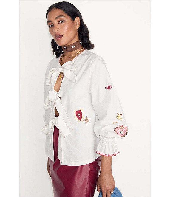 Never Fully Dressed Embroidered Mystical Motif Crew Neck Long Sleeve Tie Front Top Product Image