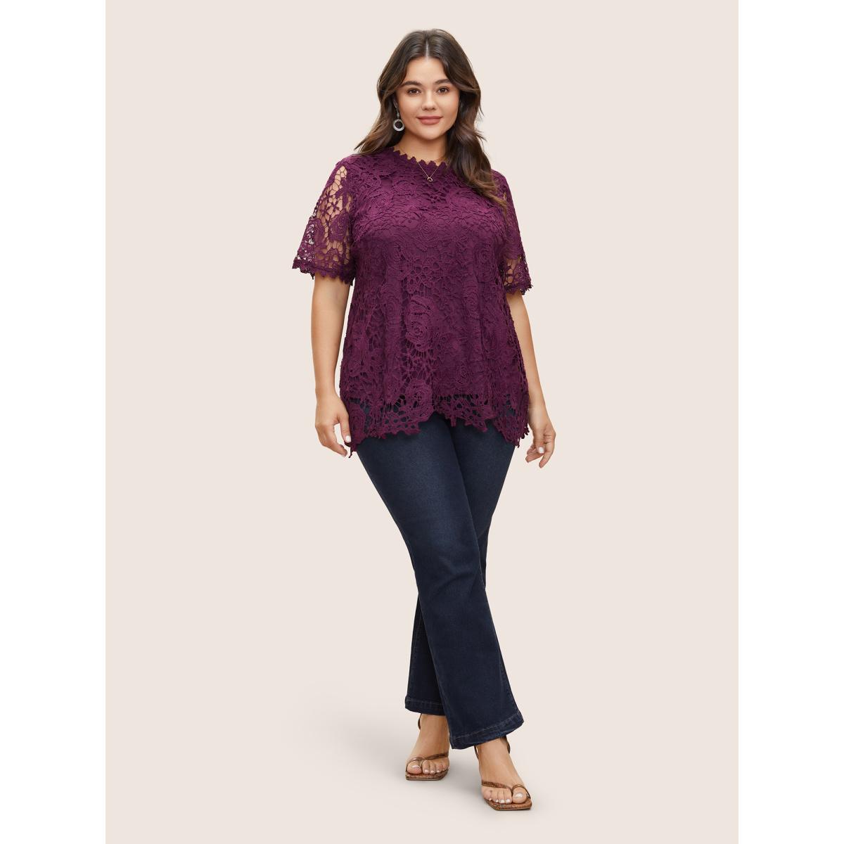 Plus Size Purple Lace Panel Patchwork Cut Out Blouse Women Elegant Half Sleeve Round Neck Everyday Blouses BloomChic 12/L Product Image