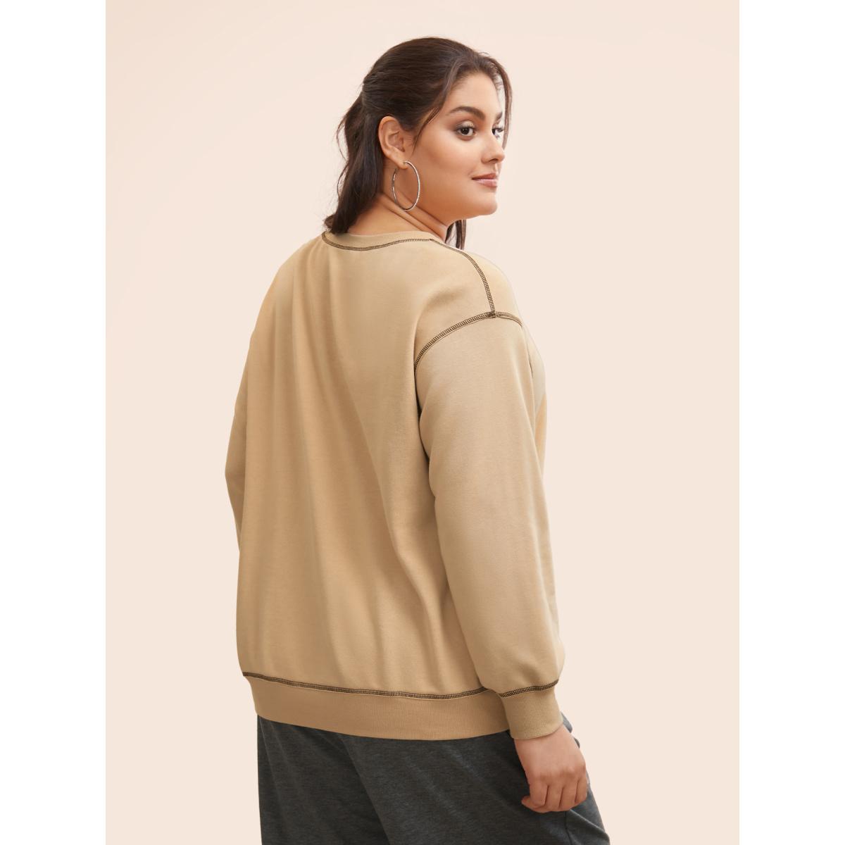 Plus Size Round Neck Topstitching Patchwork Sweatshirt Women Champagne Casual Topstitching Round Neck Everyday Sweatshirts BloomChic 26/4X Product Image