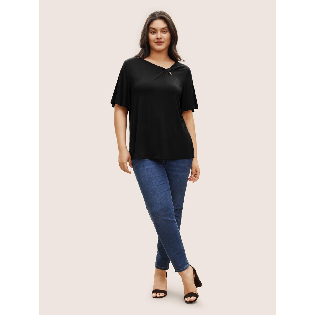 Plus Size Supersoft Essentials Twist Front Asymmetrical Neck T-shirt Black Women Elegant Non Plain Asymmetrical Neck Everyday T-shirts BloomChic 14-16/1X Product Image