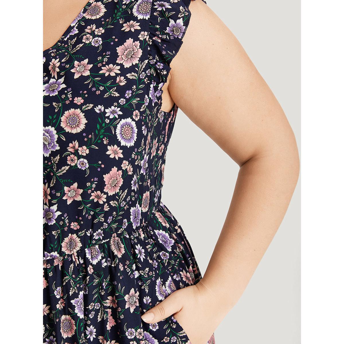 Plus Size Bandana Print Contrast Ruffle Cap Sleeve Pocket Dress Indigo Women Elegant Gathered V-neck Sleeveless Curvy Midi Dress BloomChic 10/M Product Image