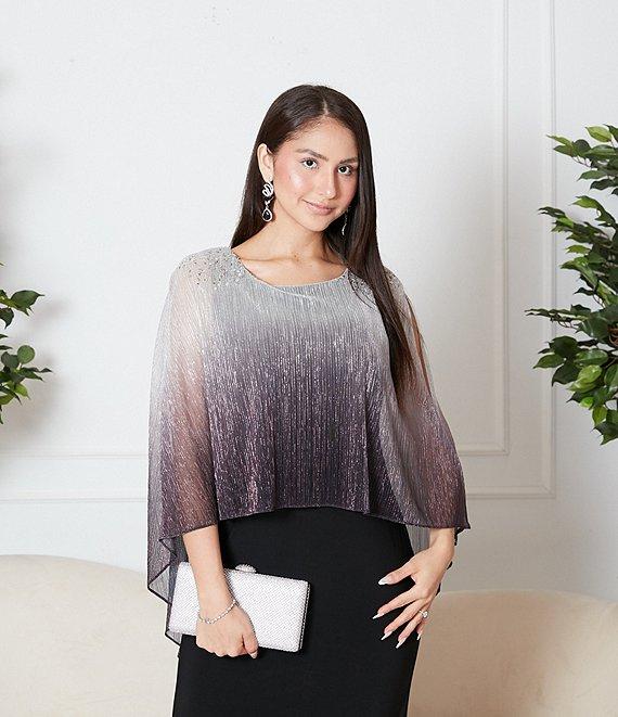 Ignite Evenings Beaded Ombre Popover 3/4 Sleeve Round Neck Gown Product Image