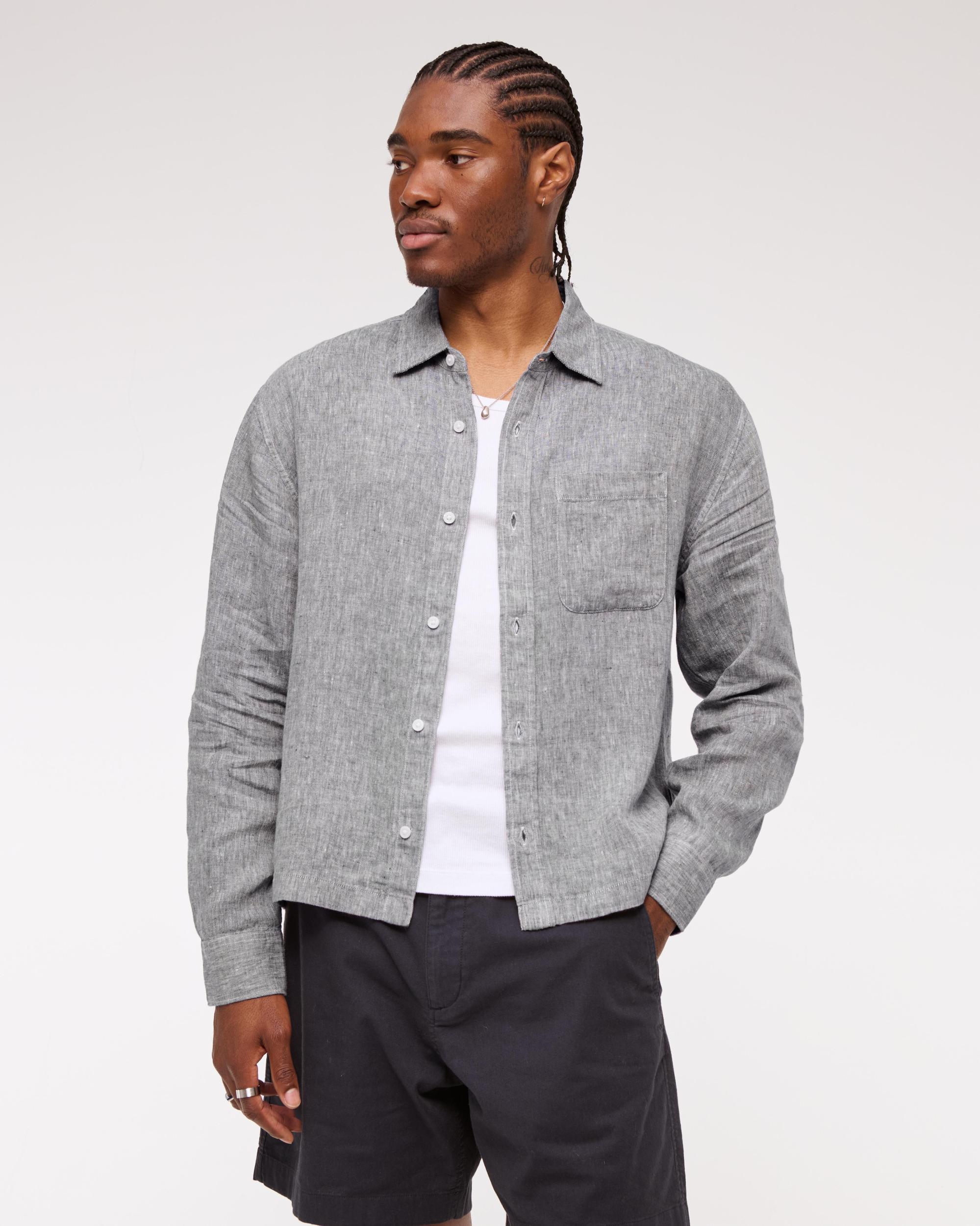 Cropped Linen Button-Up Shirt Product Image
