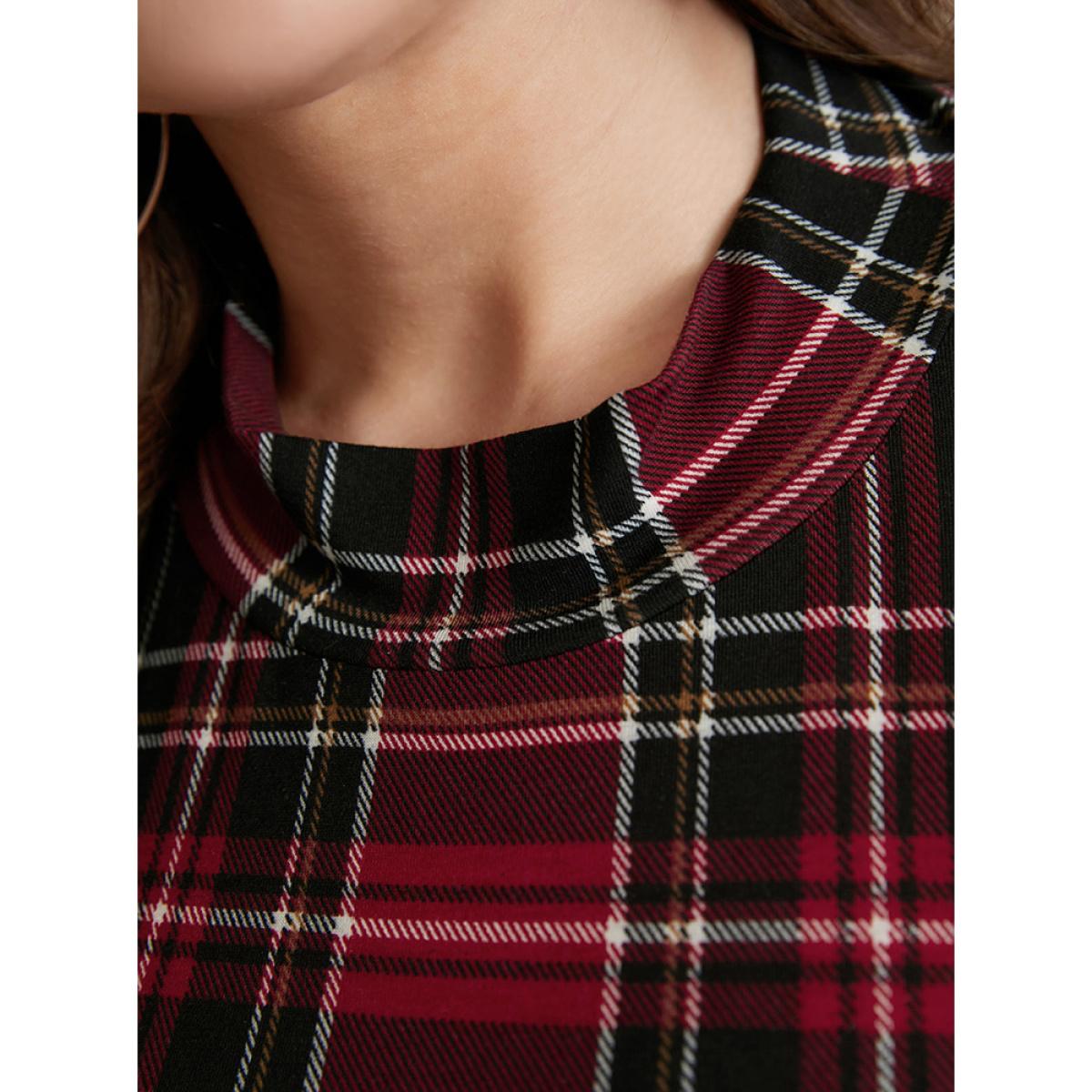 Plus Size Plaid Lantern Sleeve Mock Neck Long Tee Scarlet Women Elegant Printed Plaid Mock Neck Dailywear T-shirts BloomChic 26/4X Product Image