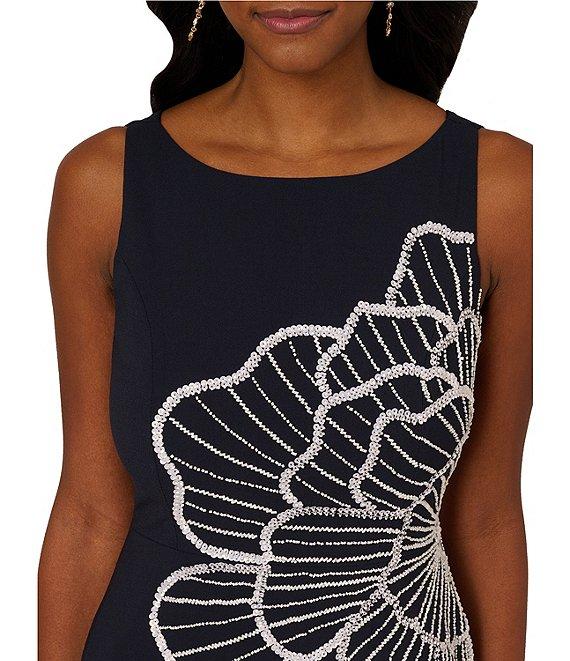 Adrianna Papell Floral Beaded Crepe Boat Neck Midi A-Line Dress Product Image