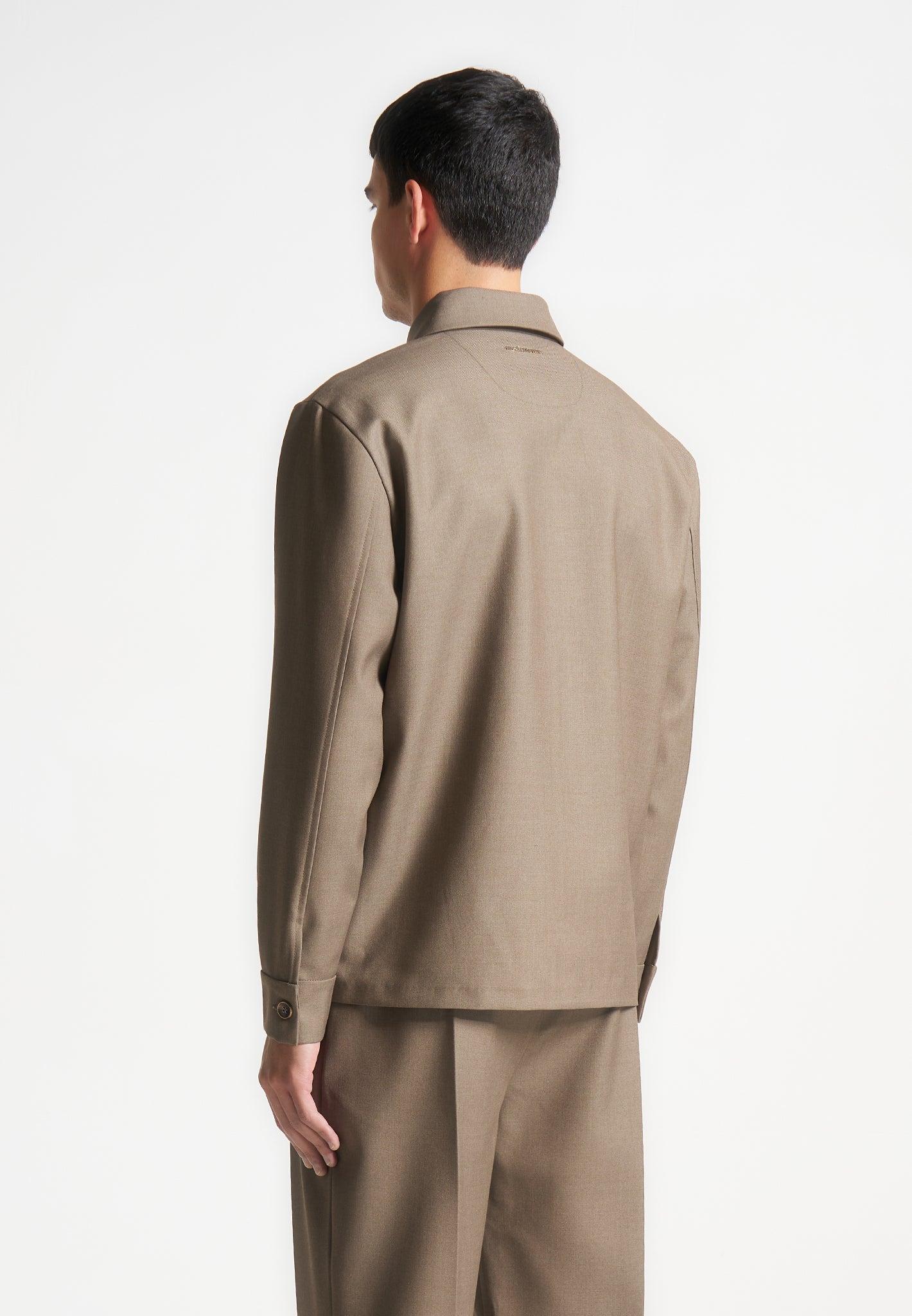 Leo - Hatched Tailored Long Sleeve Overshirt - Khaki Male Product Image