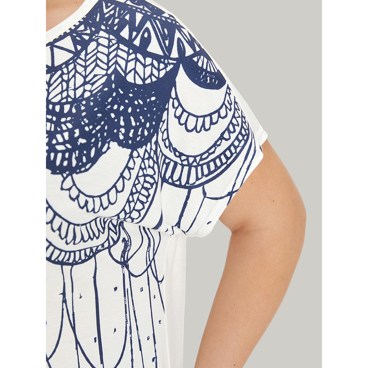 Plus Size Boho Print Batwing Sleeve Crew Neck T-shirt Multicolor Women Casual Printed Bohemian Print Round Neck Dailywear T-shirts BloomChic 14-16/1X Product Image