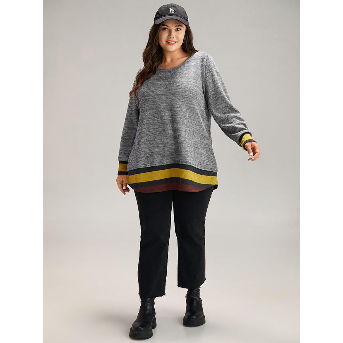 Plus Size Striped Heather Patchwork Curved Hem Sweatshirt Women Gray Casual Contrast Round Neck Dailywear Sweatshirts BloomChic 12/L Product Image