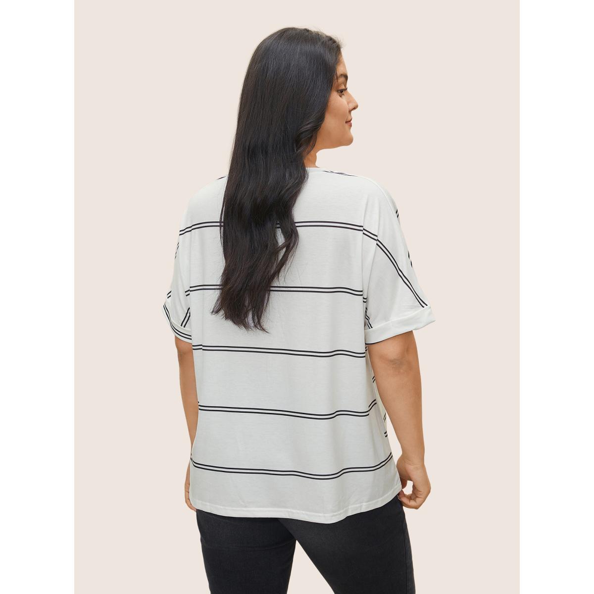Plus Size Striped Contrast Dolman Sleeve T-shirt White Women Casual Striped V-neck Everyday T-shirts BloomChic 30/6X Product Image