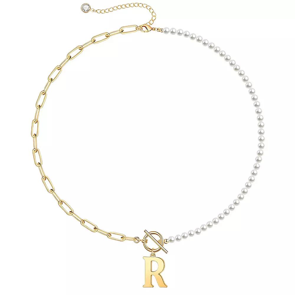14k Gold Plated Initial Link Chain Necklace, Womens Gold Tone R Product Image
