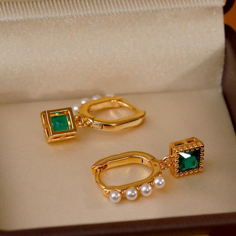 Green Metal Pearl Earrings Product Image