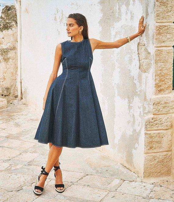 Vince Camuto Denim Boat Sleeveless Neckline Fit and Flare Midi Dress Product Image