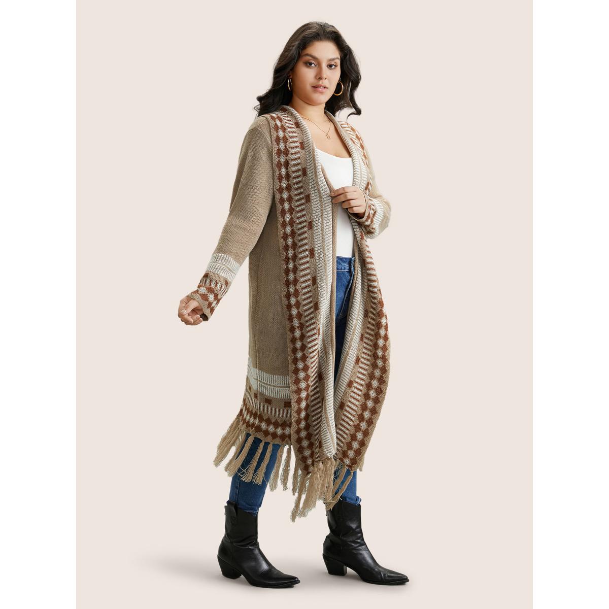 Plus Size Bandana Print Fringe Trim Maxi Cardigan Tan Women Casual Long Sleeve Everyday Cardigans BloomChic 14-16/1X Product Image