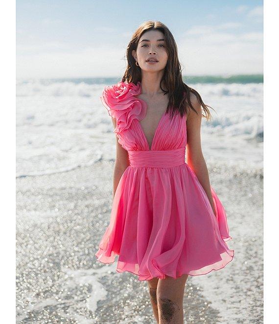 Ieena for Mac Duggal Ruffle Shoulder Sleeveless V-Neck Fit and Flare Dress Product Image