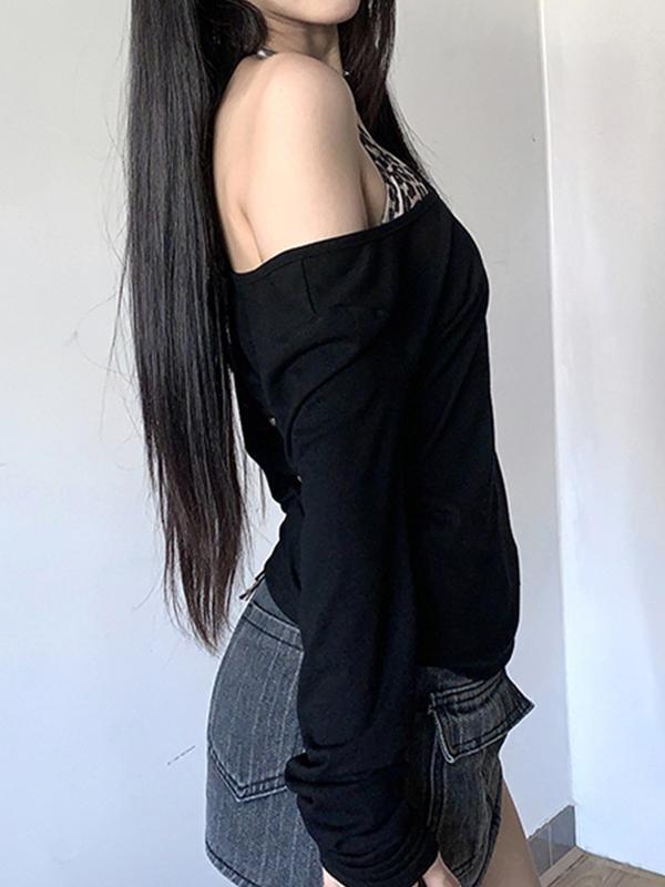 Leopard Print V Neck Long Sleeve Tee Product Image