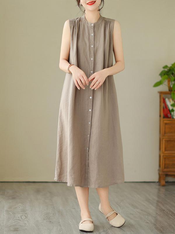 A-Line Sleeveless Buttoned Pleated Solid Color Round-Neck Midi Dresses Product Image