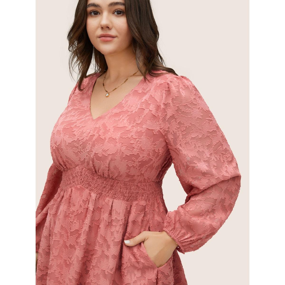 Plus Size Jacquard Texture Shirred Elastic Waist Dress Watermelon Women Elegant Elastic cuffs V-neck Long Sleeve Curvy Midi Dress BloomChic 30/6X Product Image