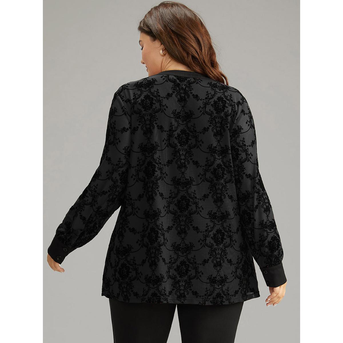 Plus Size DarkGreen Floral Print Mesh V Neck Blouse Women Elegant Long Sleeve V-neck Dailywear Blouses BloomChic 12/L Product Image