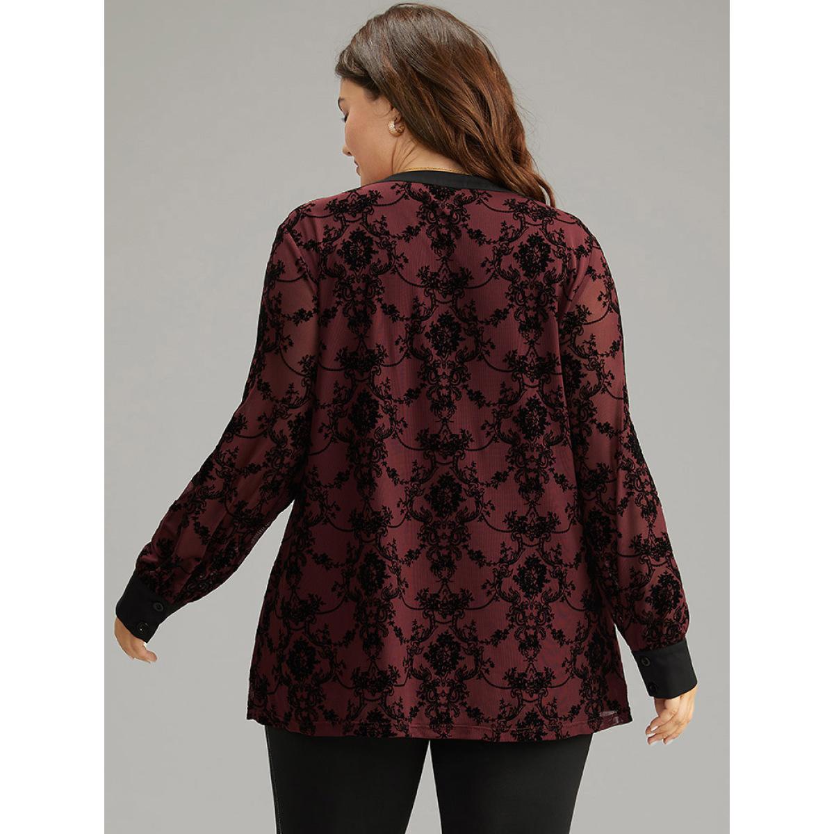Plus Size DarkGreen Floral Print Mesh V Neck Blouse Women Elegant Long Sleeve V-neck Dailywear Blouses BloomChic 12/L Product Image