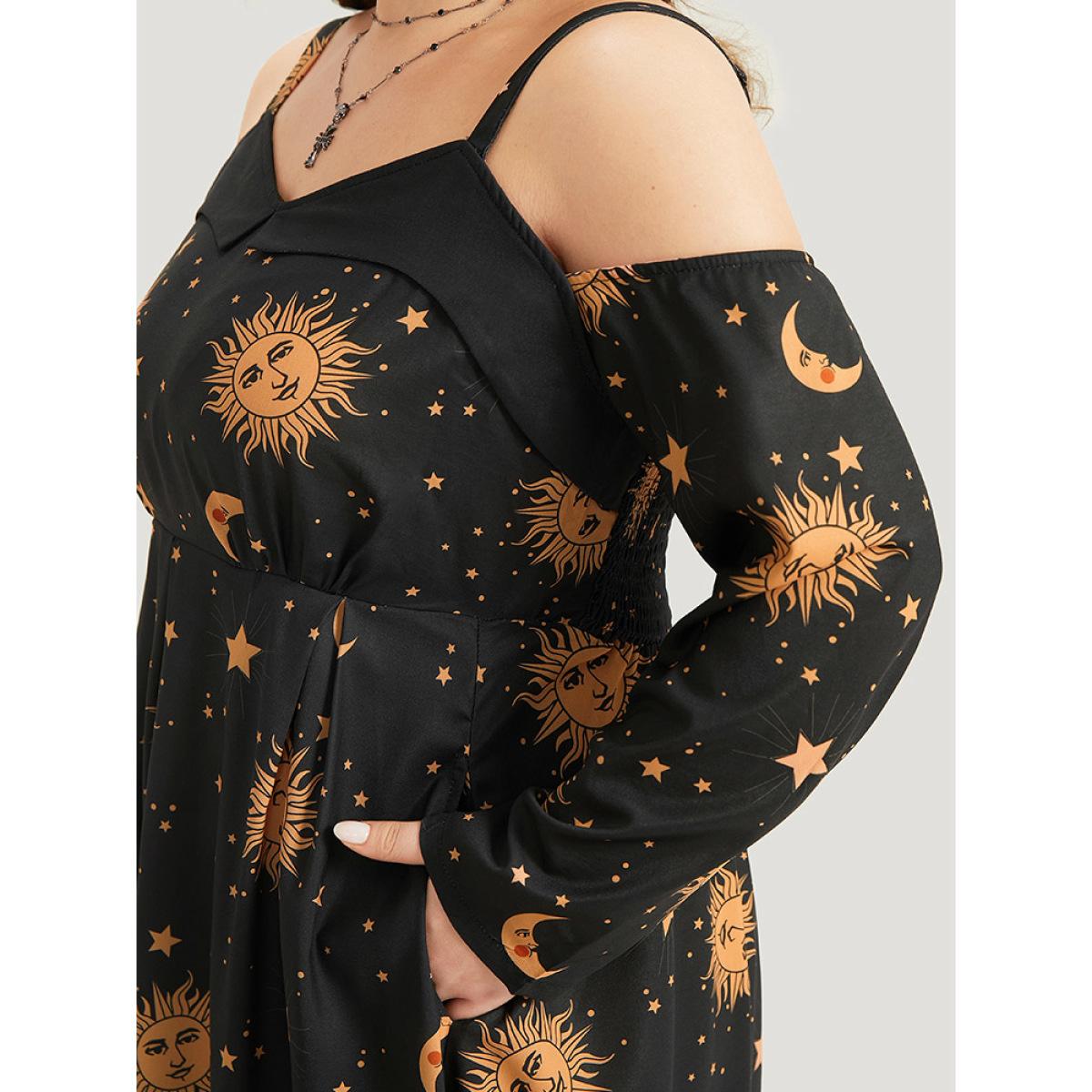 Plus Size Halloween Moon & Star Cold Shoulder Pocket Elastic Waist Dress Black Women Casual Adjustable Straps Spaghetti Strap Long Sleeve Curvy Midi Dress BloomChic 12/L Product Image