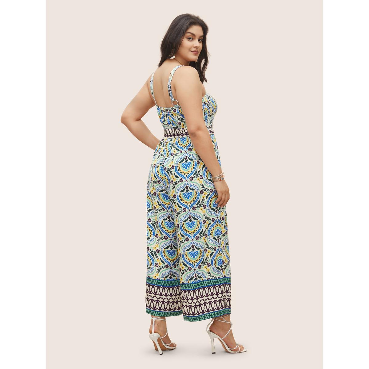 Plus Size Green Boho Print Shirred Belted Adjustable Straps Jumpsuit Women Resort Sleeveless Non Vacation Loose Jumpsuits BloomChic 30/6X Product Image