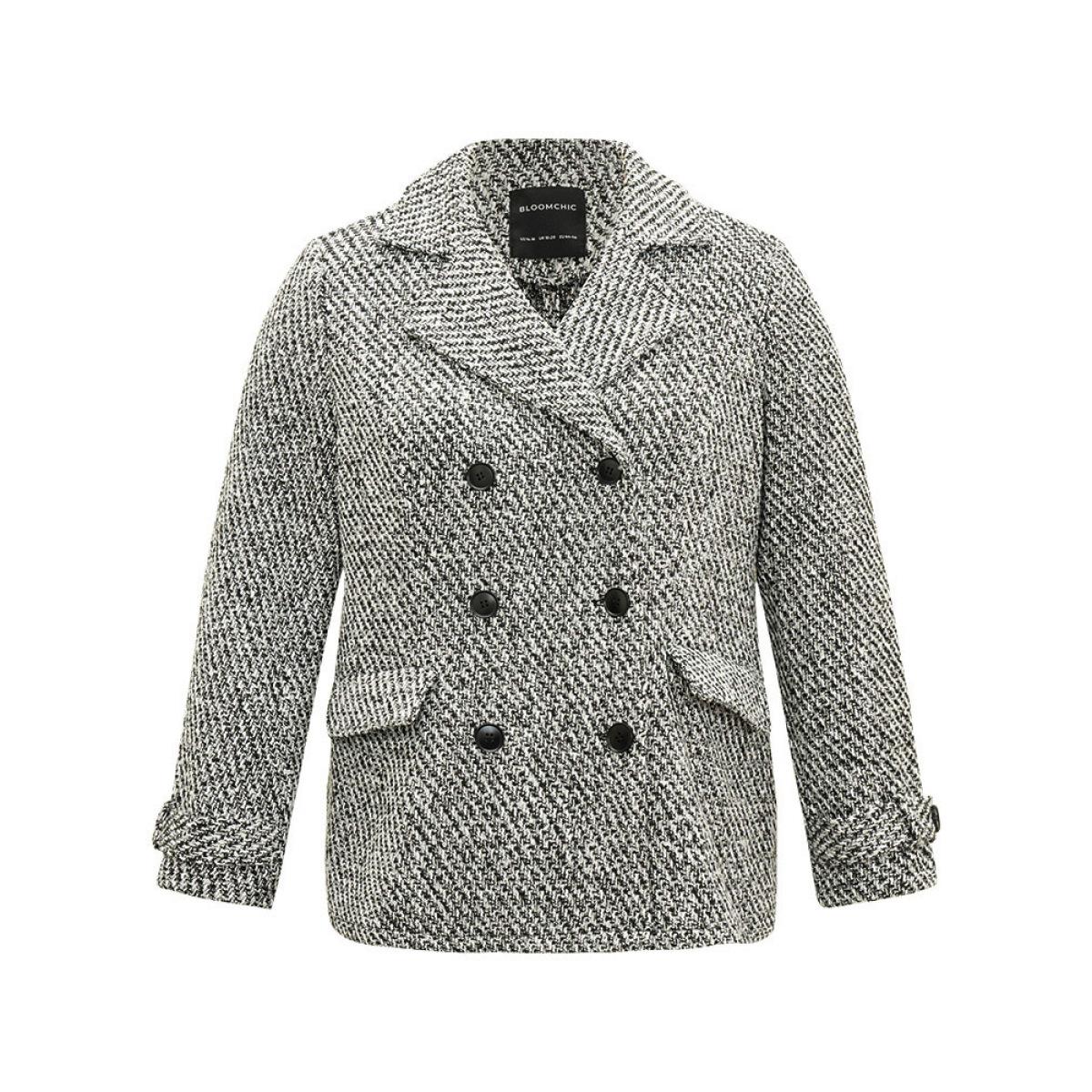 Plus Size Tweed Lapel Collar Button Up Pocket Coat Women Black Elegant Texture Ladies Everyday Winter Coats BloomChic 28/5X Product Image