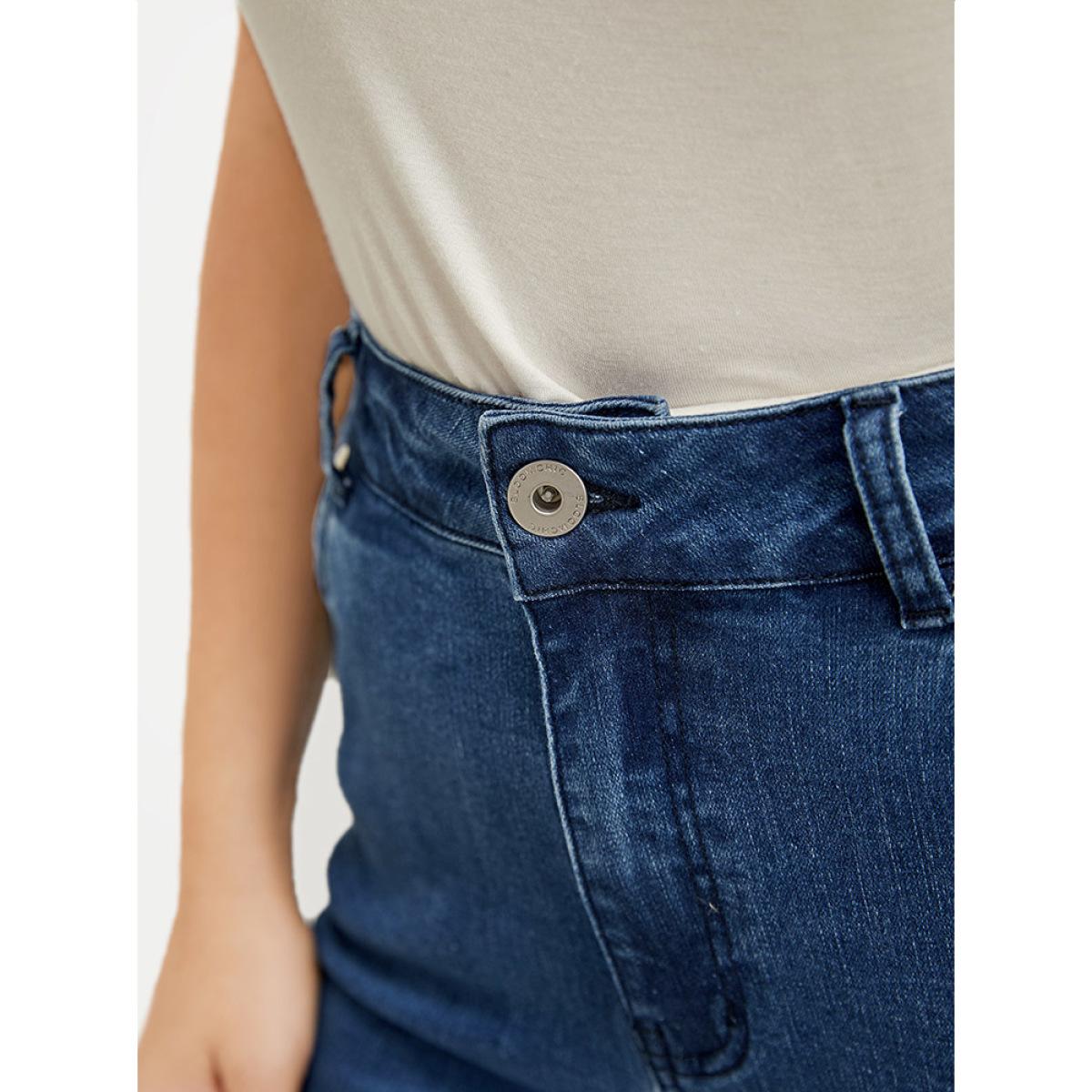 Plus Size Very Stretchy Medium Wash Patched Detail Cut Out Jeans Women Blue Casual Plain Cut-Out High stretch Pocket Jeans BloomChic 12/L Product Image