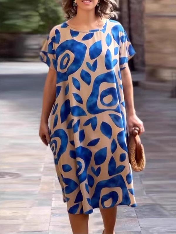 Loose Plus Size Floral Printed Split-Joint Round-Neck Midi Dresses Product Image
