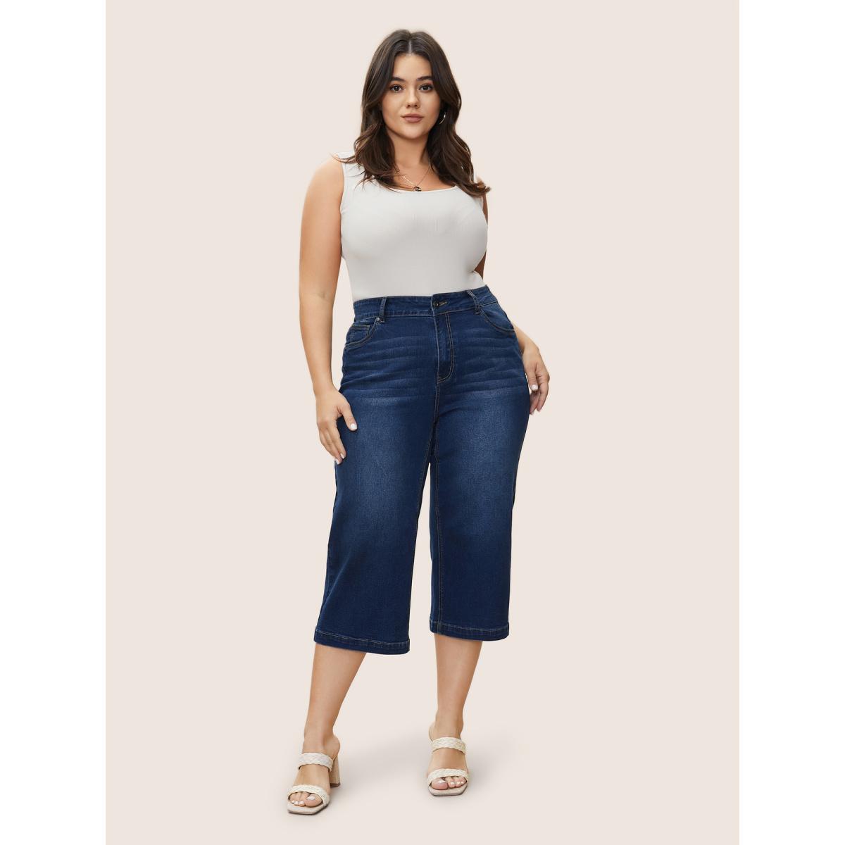 Plus Size Medium Wash Wide Leg High Stretch Jeans Women Blue Timeless Plain Button High stretch Slanted pocket Jeans BloomChic 28/5X Product Image