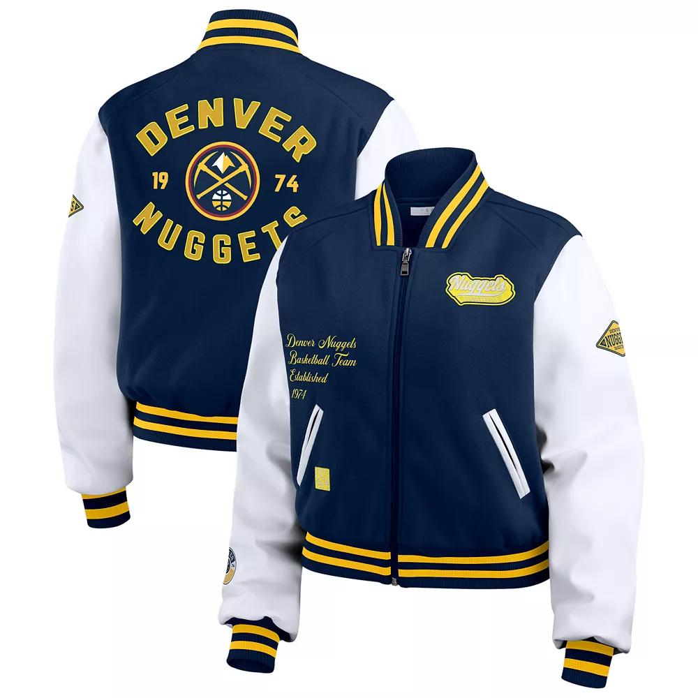 Women's WEAR by Erin Andrews Navy/White Denver Nuggets Cropped Varsity Full-Zip Jacket, Size: XL, Nug Blue Product Image