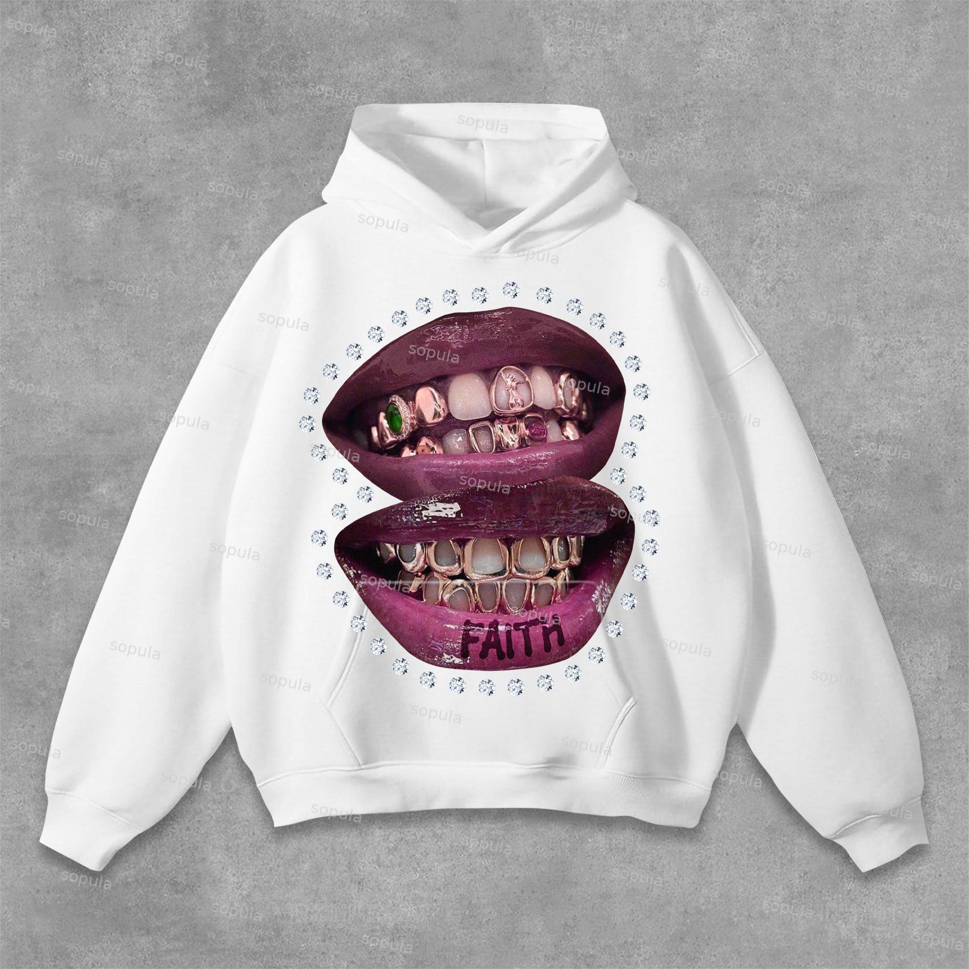 Sopula Diamond Teeth Lips Faith Graphics Pocket Hoodie Product Image