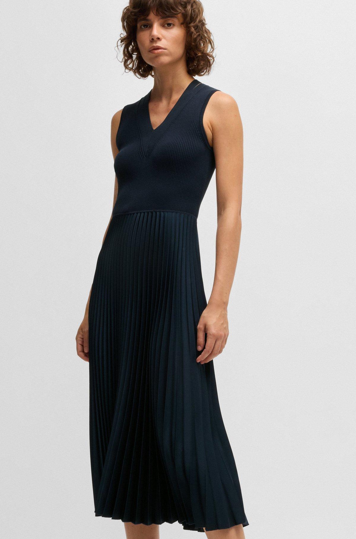 BOSS - Mixed-material dress with plissé skirt - Dark Blue Product Image