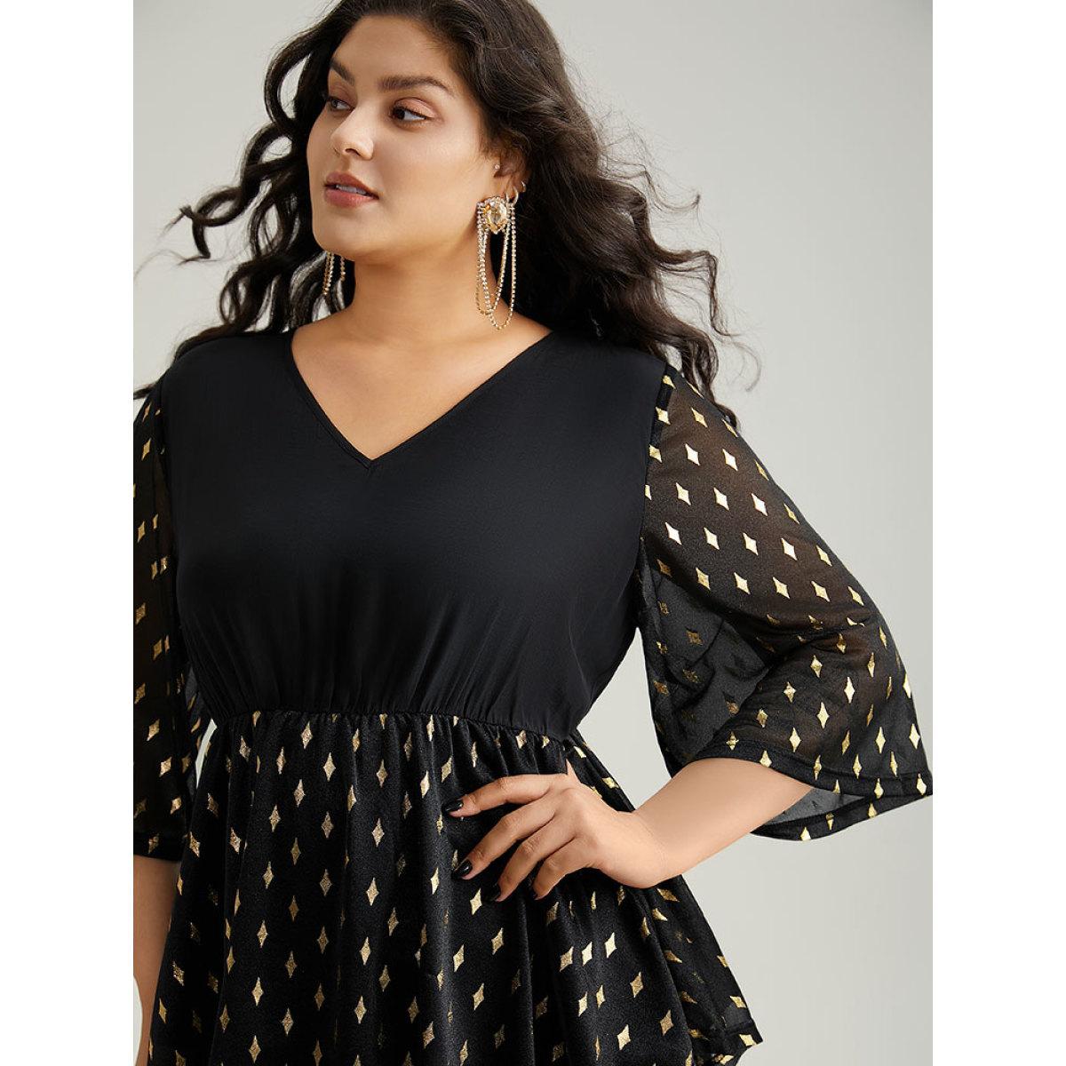 Plus Size Black Glitter Patchwork Mesh Hanky Hem Blouse Women Glamour Elbow-length sleeve V-neck Festival-Christmas Blouses BloomChic 12/L Product Image