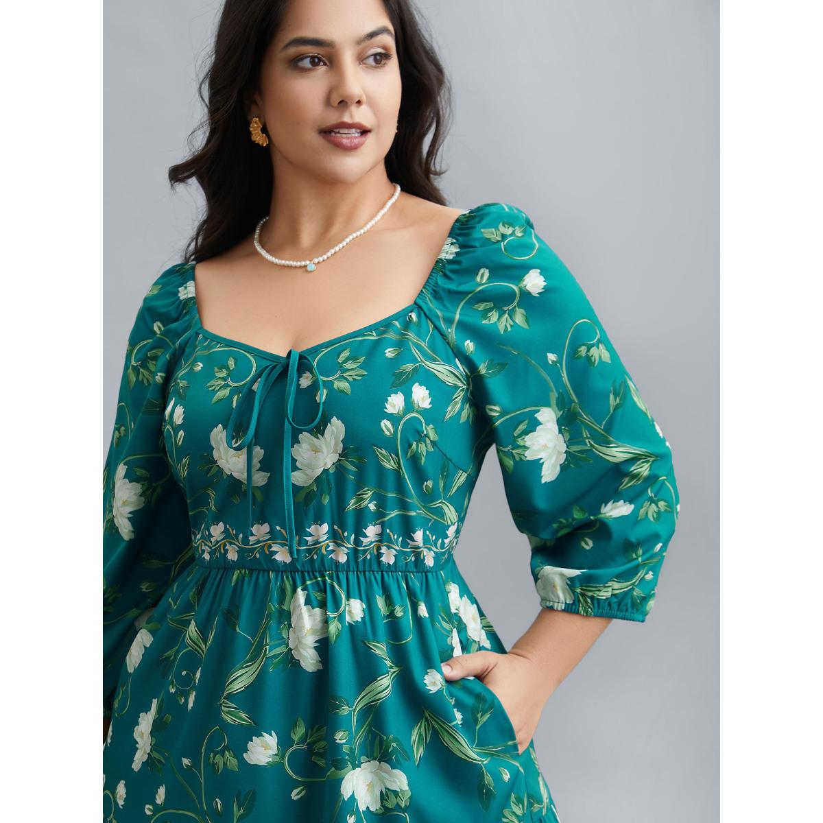 Plus Size Floral Print Lantern Sleeve Tiered Midi Dress Emerald Women Elegant Tie knot Heart neckline Elbow-length sleeve Curvy BloomChic 30/6X Product Image
